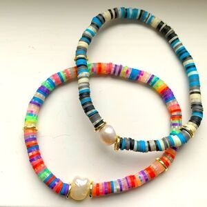 2 Rainbow Candy Bead & Real Pearl Bracelet Set for Teen, Adult - Fun Gift-Ready